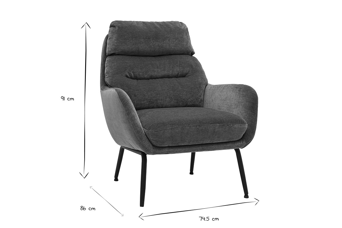Dimensions du fauteuil BENI : L74.5 x P86 x H91 cm, dessin en noir et blanc.