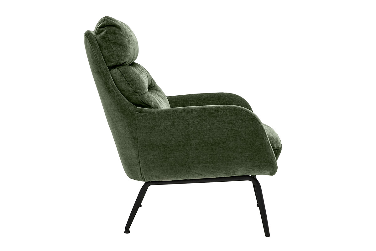 Fauteuil en tissu effet velours vert kaki et m�tal noir, vue de profil