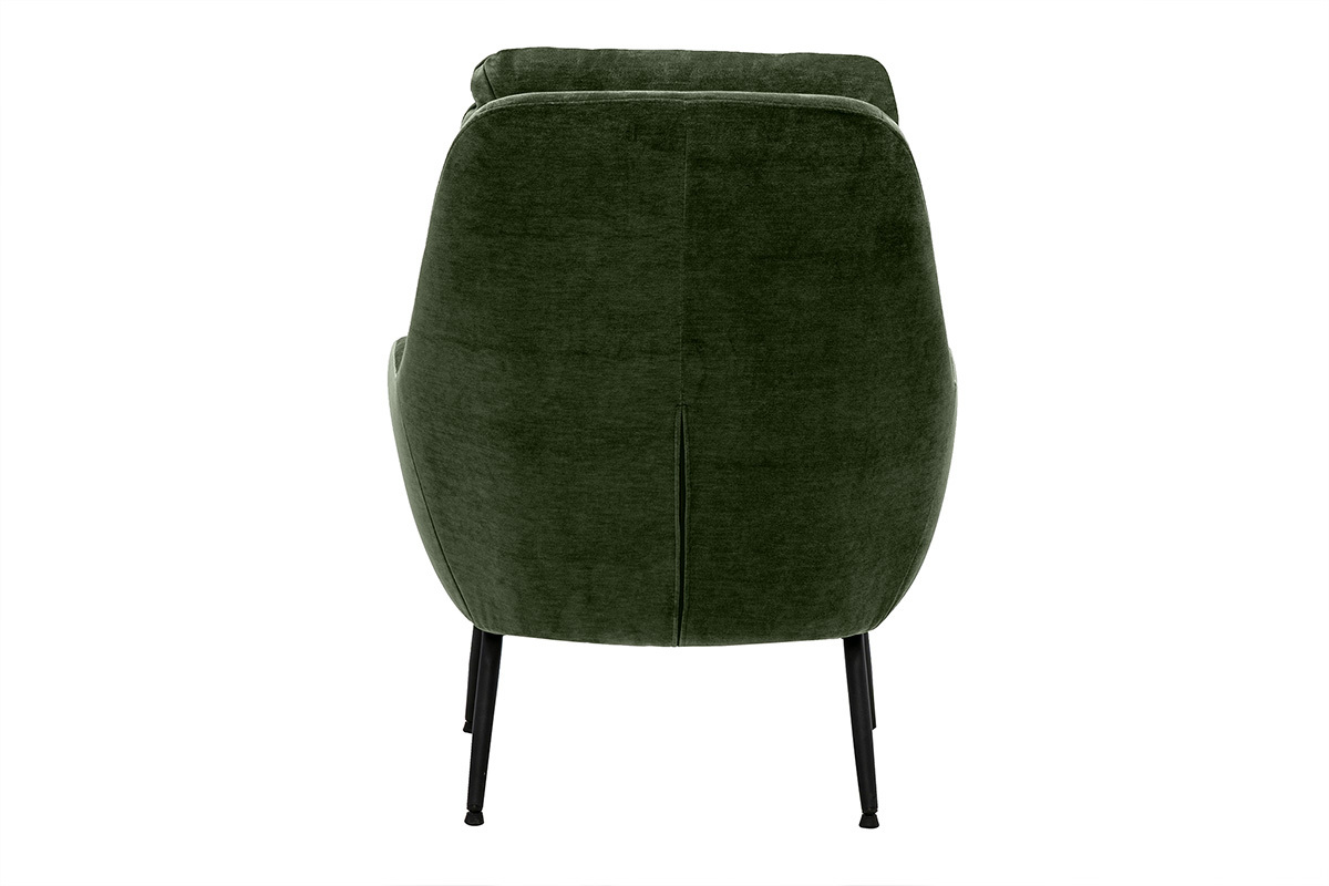 Fauteuil en tissu velours vert kaki vue de dos, avec pieds en m�tal noir.
