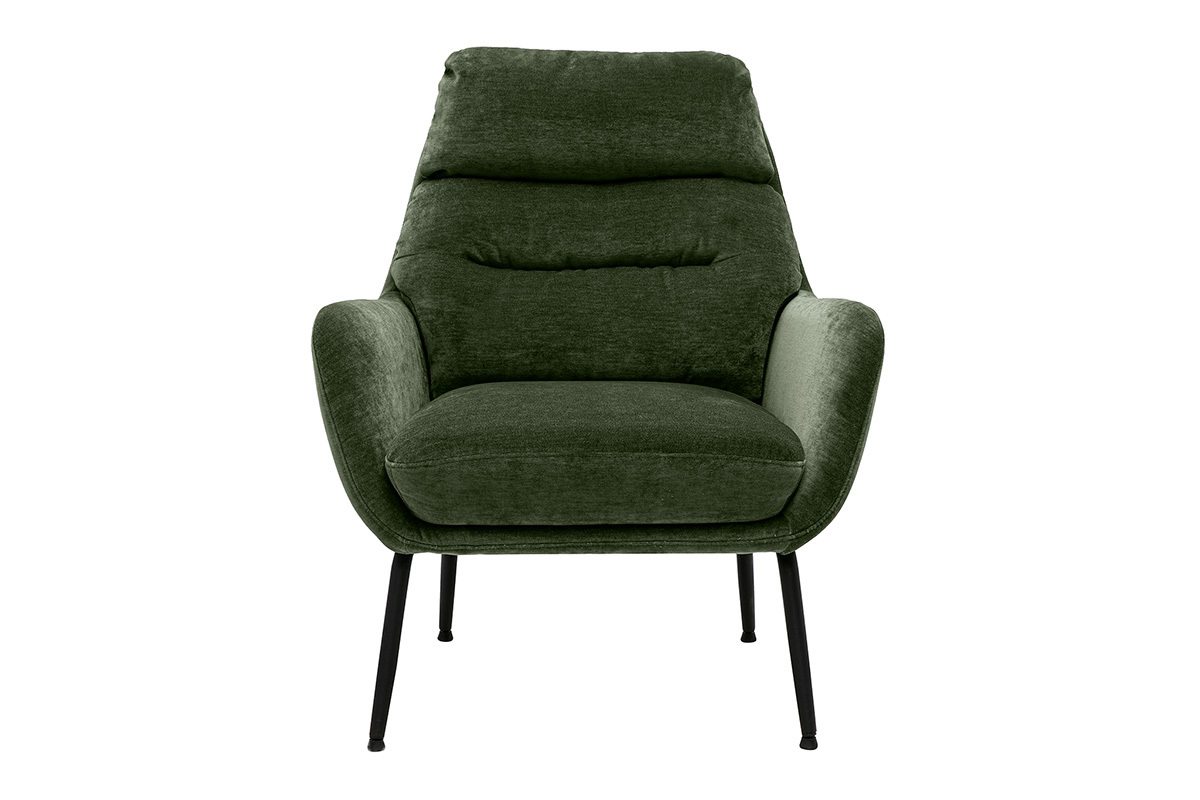 Fauteuil en tissu effet velours vert kaki avec pieds en m�tal noir, vue de face.