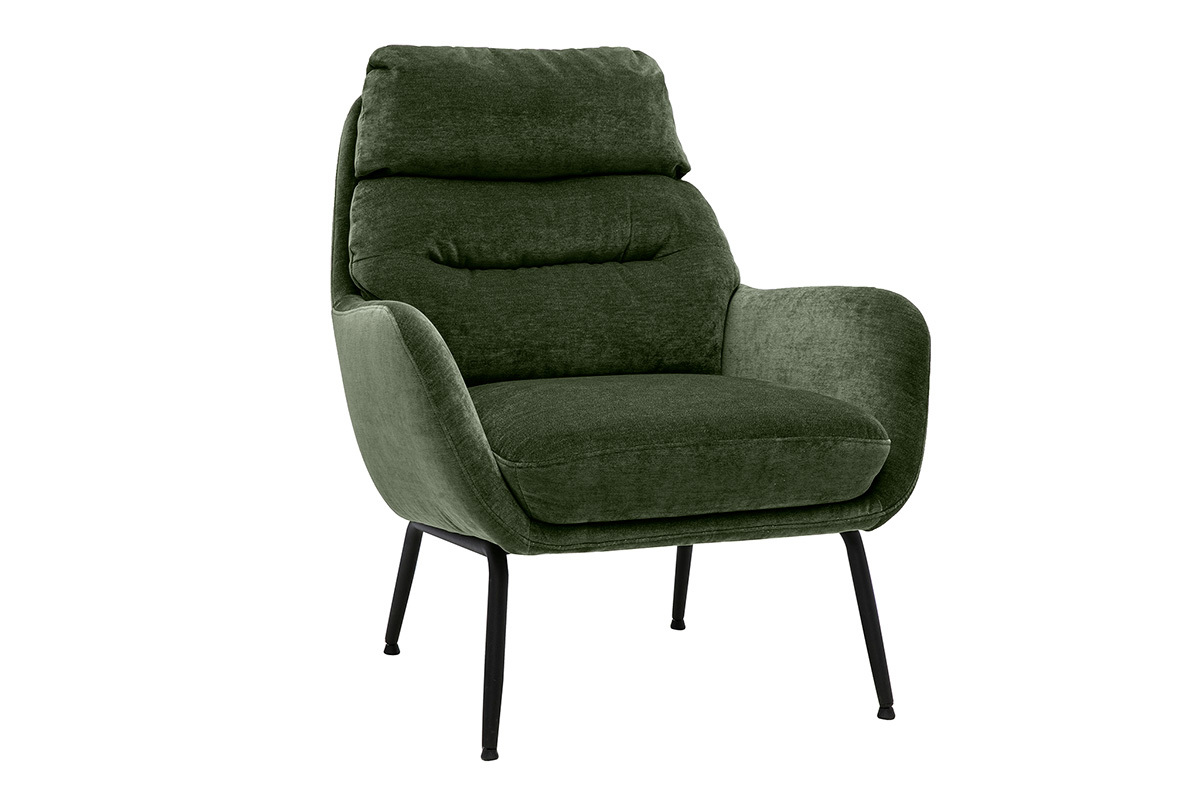 Fauteuil en tissu effet velours vert kaki avec pieds en m�tal noir, vue de trois quarts