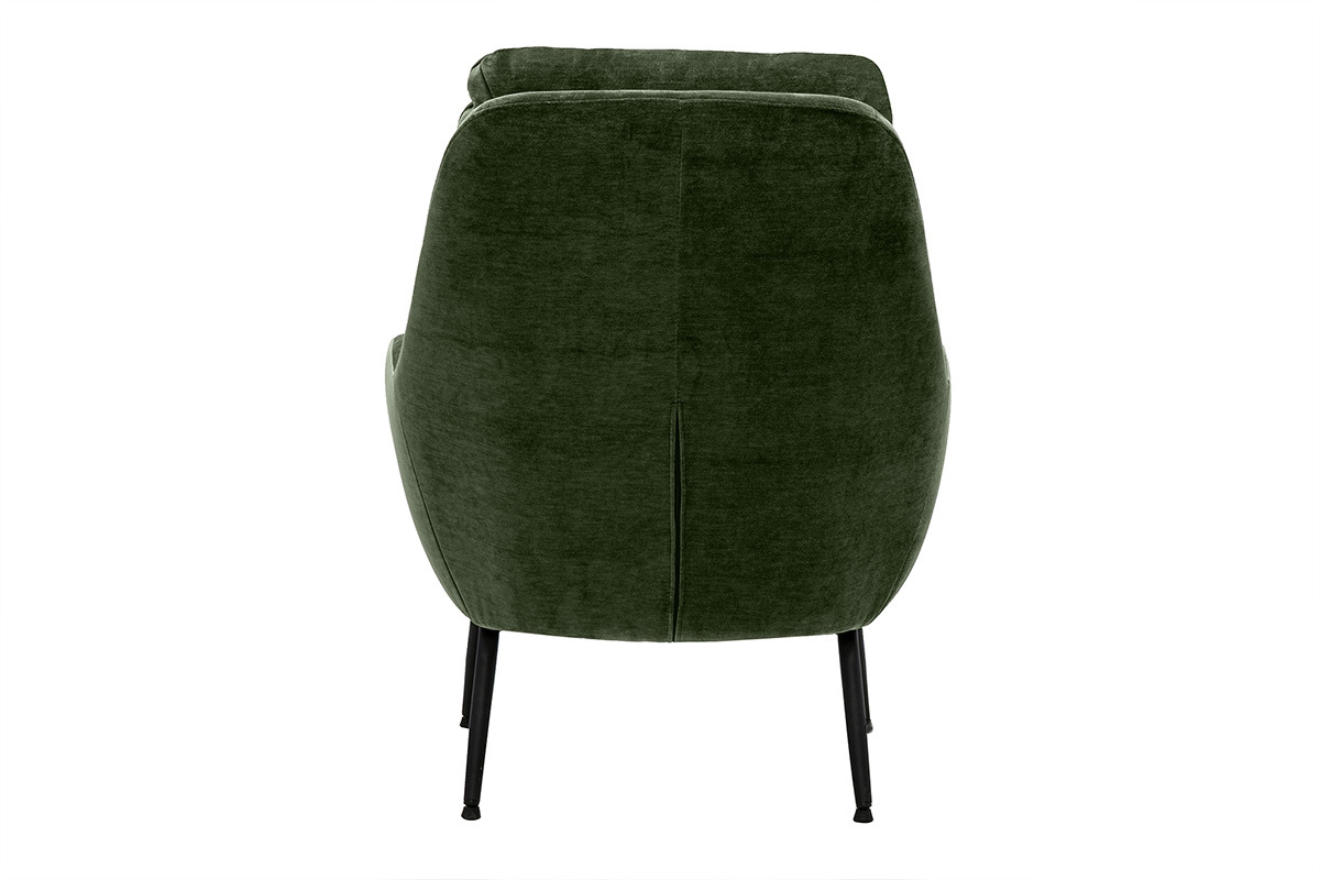 Fauteuil en tissu effet velours vert kaki vue de dos avec pieds en m�tal noir.