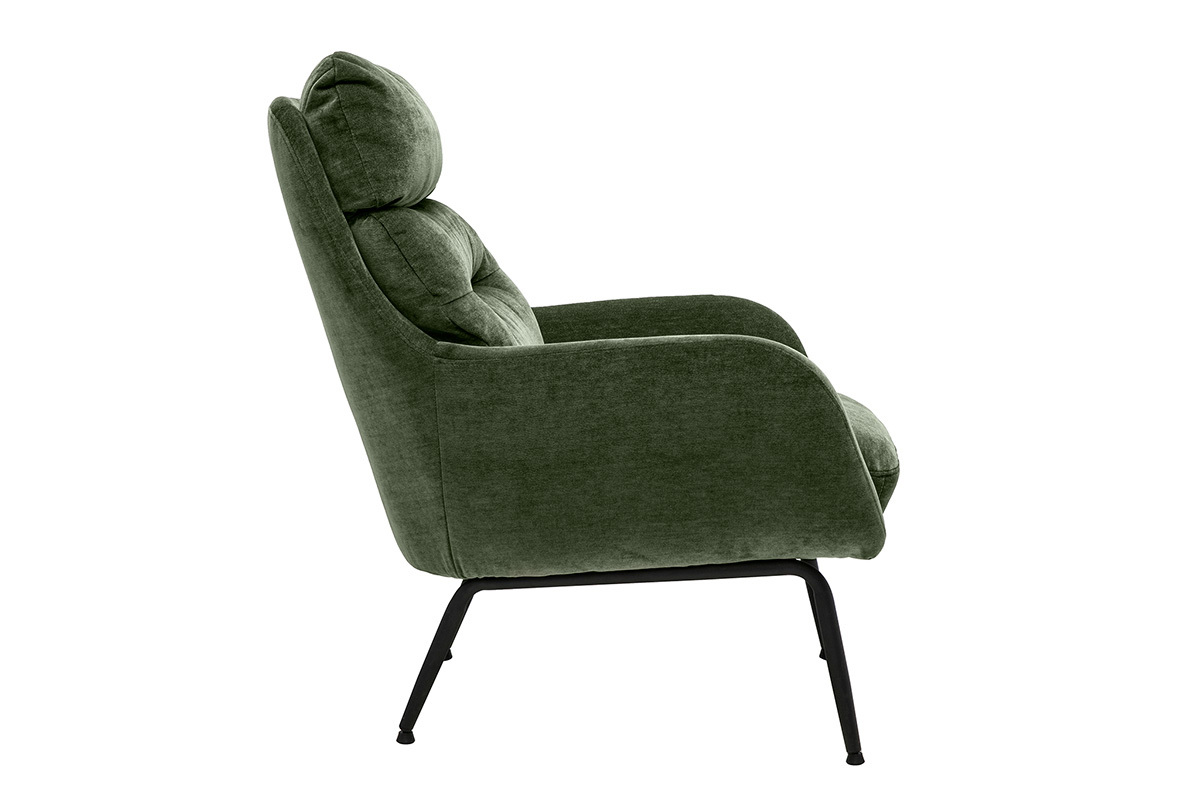 Fauteuil en tissu velours vert kaki vu de profil avec pieds en m�tal noir.