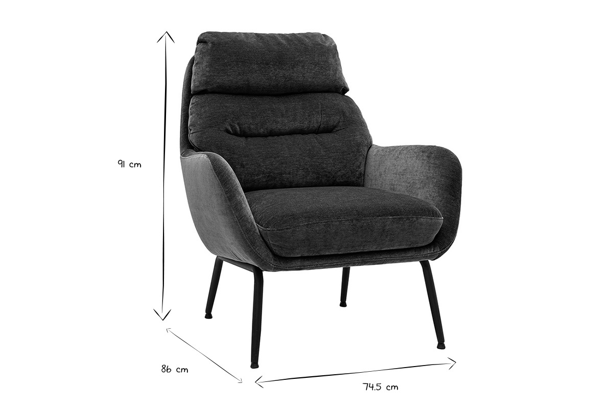Dimensions du fauteuil BENI : L74.5 x P86 x H91 cm en noir et blanc.