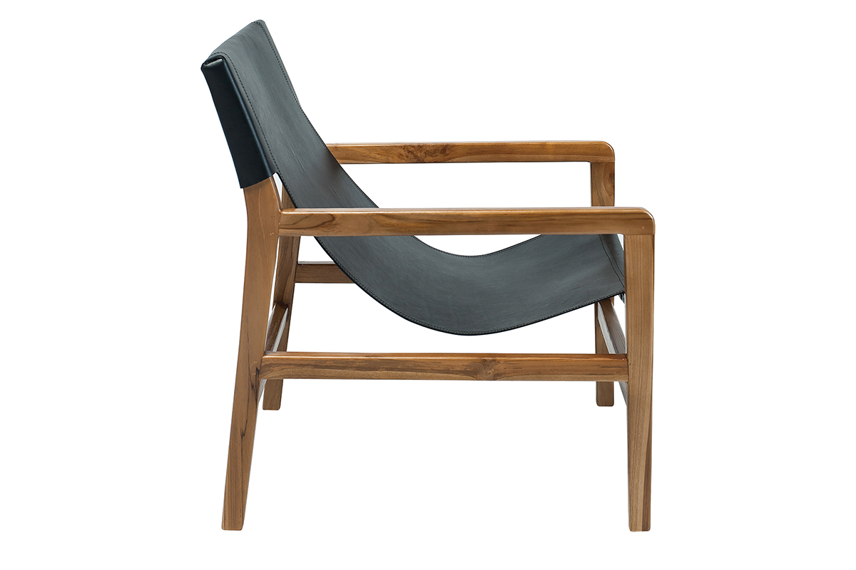 Fauteuil ethnique bois teck massif et cuir noir CHILLY