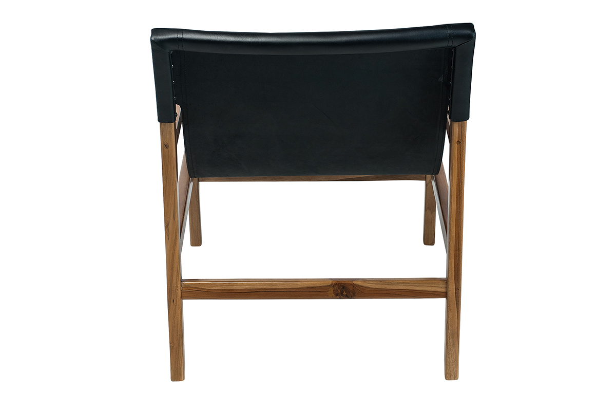 Fauteuil ethnique bois teck massif et cuir noir CHILLY