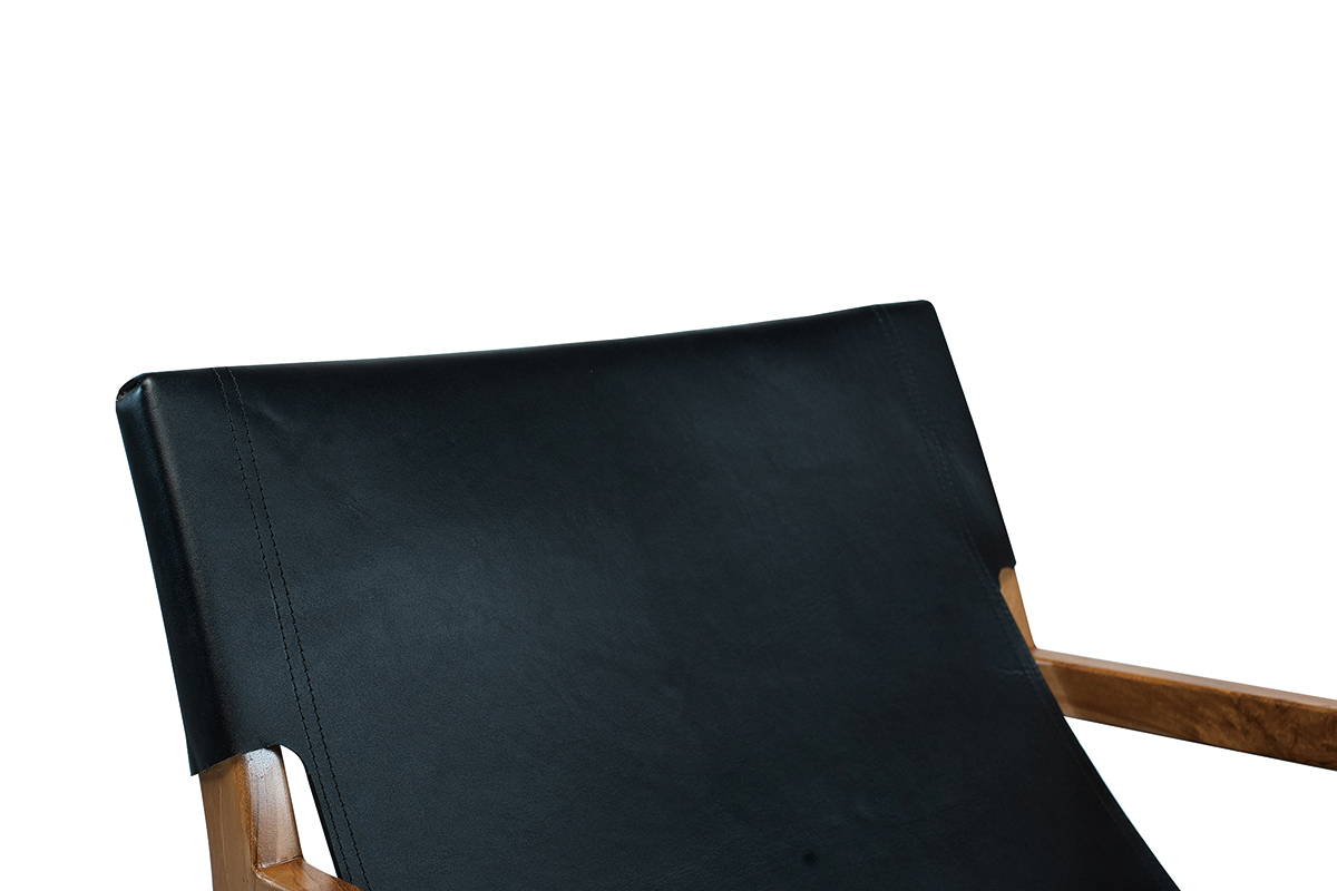 Fauteuil ethnique bois teck massif et cuir noir CHILLY