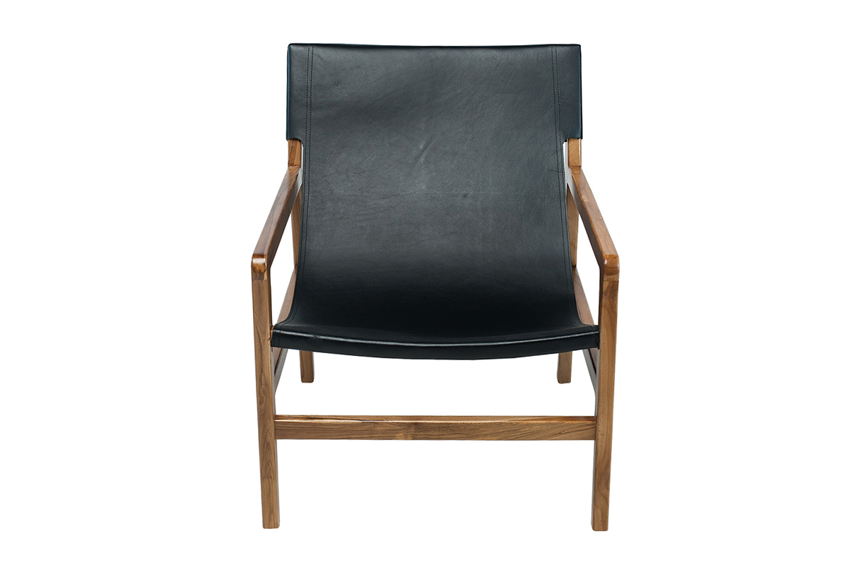 Fauteuil ethnique bois teck massif et cuir noir CHILLY