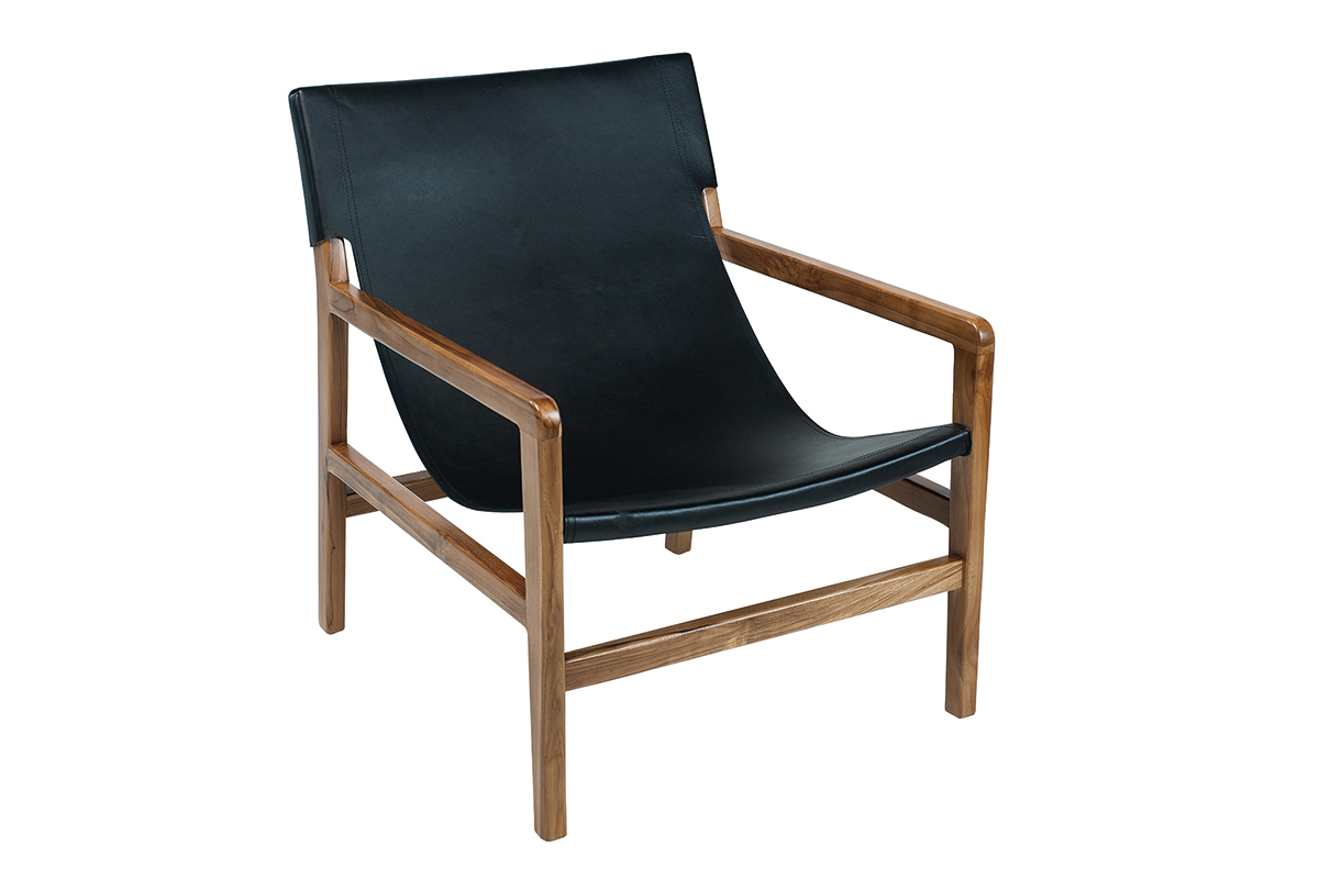 Fauteuil ethnique bois teck massif et cuir noir CHILLY