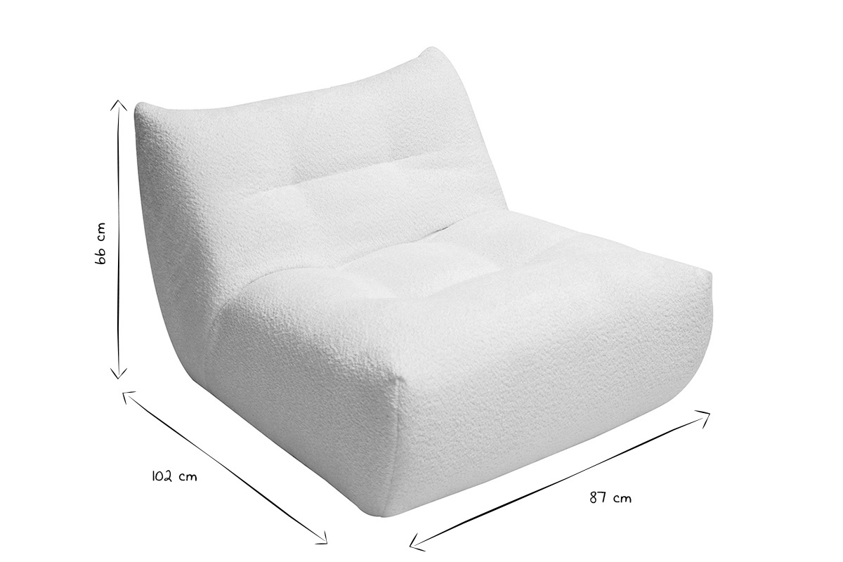 Fauteuil BUMPY en tissu bouclette blanc cass, dimensions L87 x P102 x H66 cm, design.