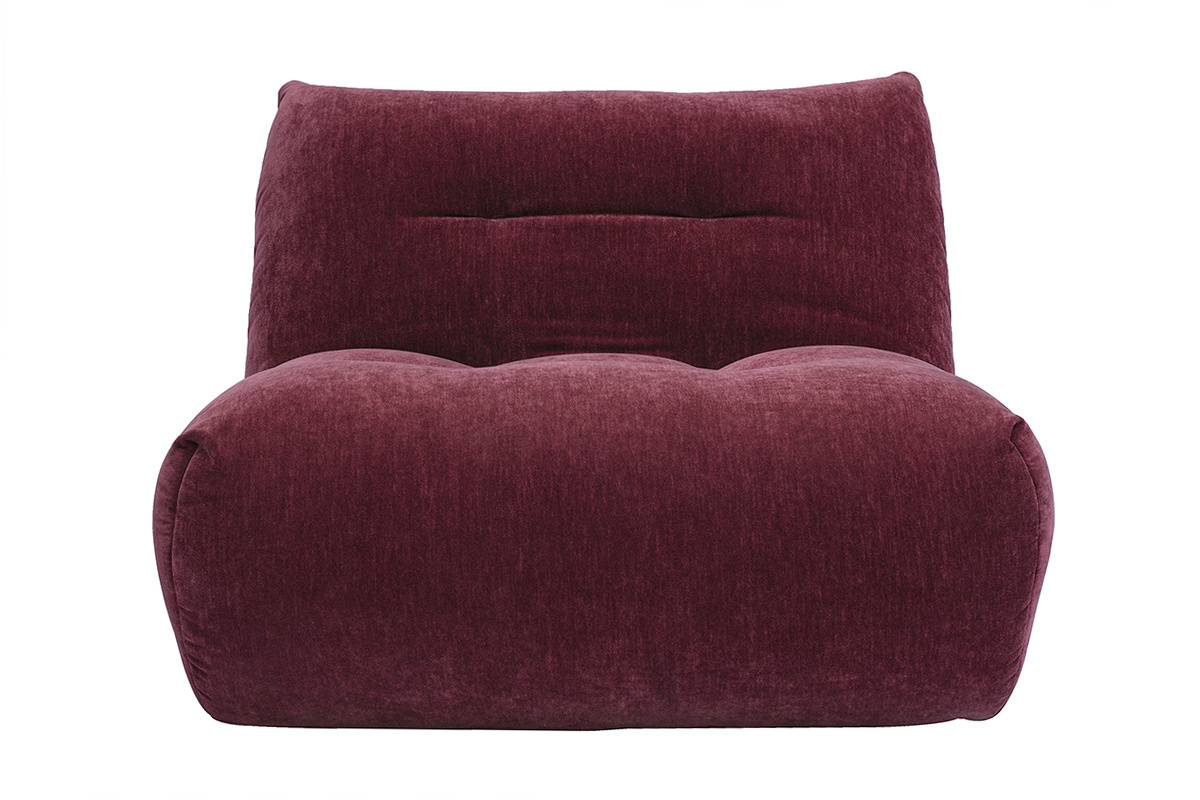 Fauteuil lounge BUMPY en tissu effet velours prune, vue de face, design contemporain sans accoudoirs.