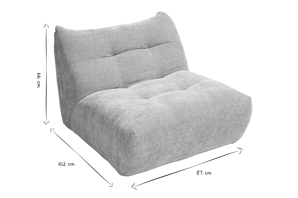Fauteuil lounge BUMPY en tissu effet velours textur taupe, dimensions L87 x P102 x H66 cm.