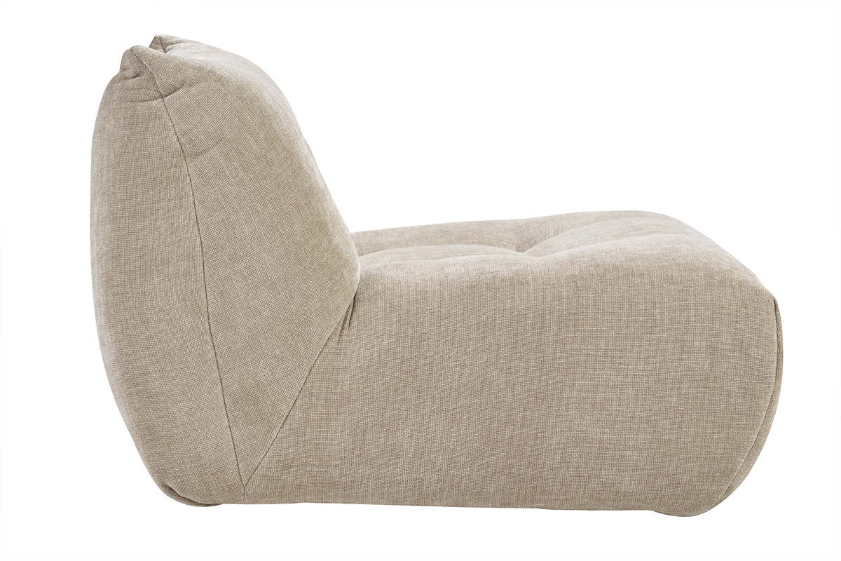 Fauteuil lounge en tissu taupe effet velours, vue de profil.