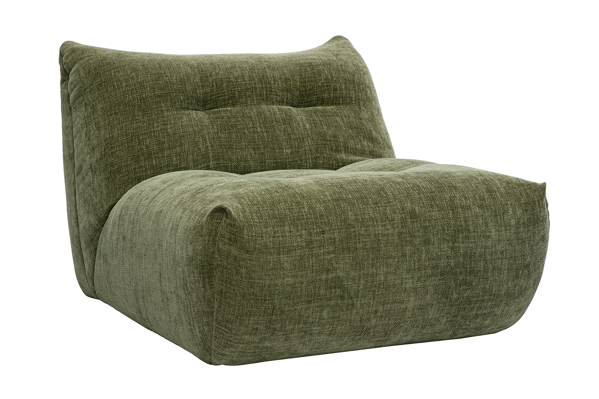 Fauteuil lounge vert kaki, effet velours textur�, vue de trois quarts gauche.