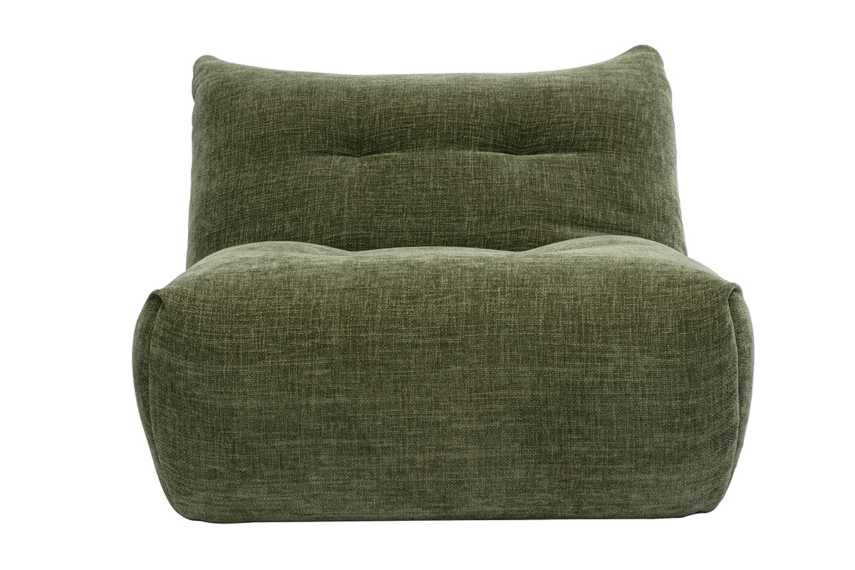 Fauteuil lounge BUMPY vert kaki en tissu effet velours, vue de face.