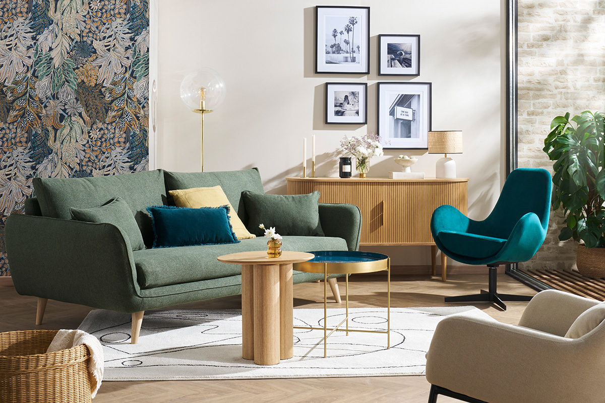 Fauteuil pivotant design en tissu velours bleu canard et mtal noir ANDY