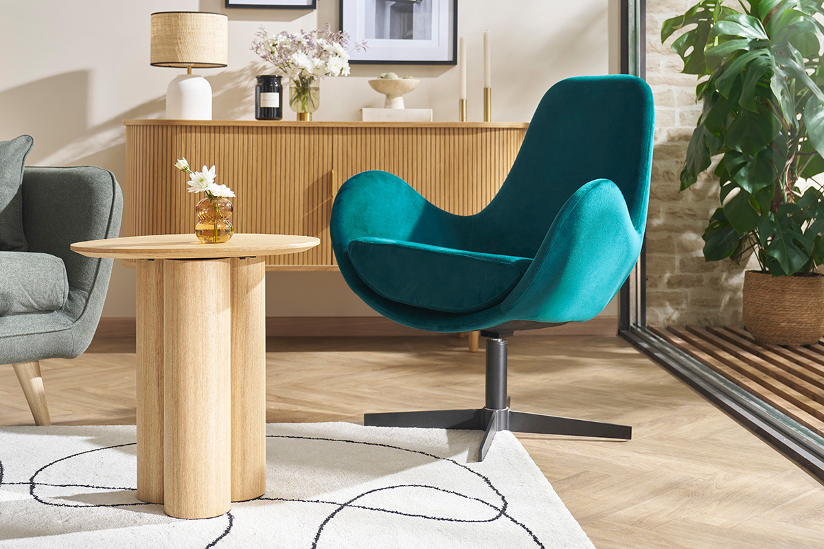 Fauteuil pivotant design en tissu velours bleu canard et mtal noir ANDY