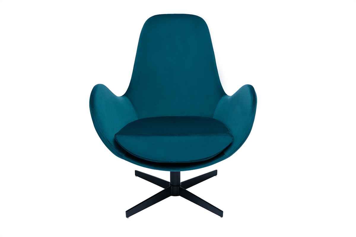 Fauteuil pivotant design en tissu velours bleu canard et mtal noir ANDY