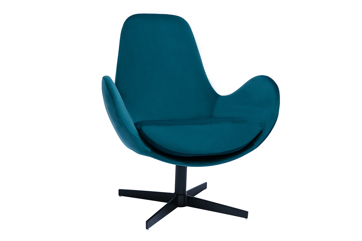 Fauteuil pivotant design en tissu velours bleu canard et mtal noir ANDY