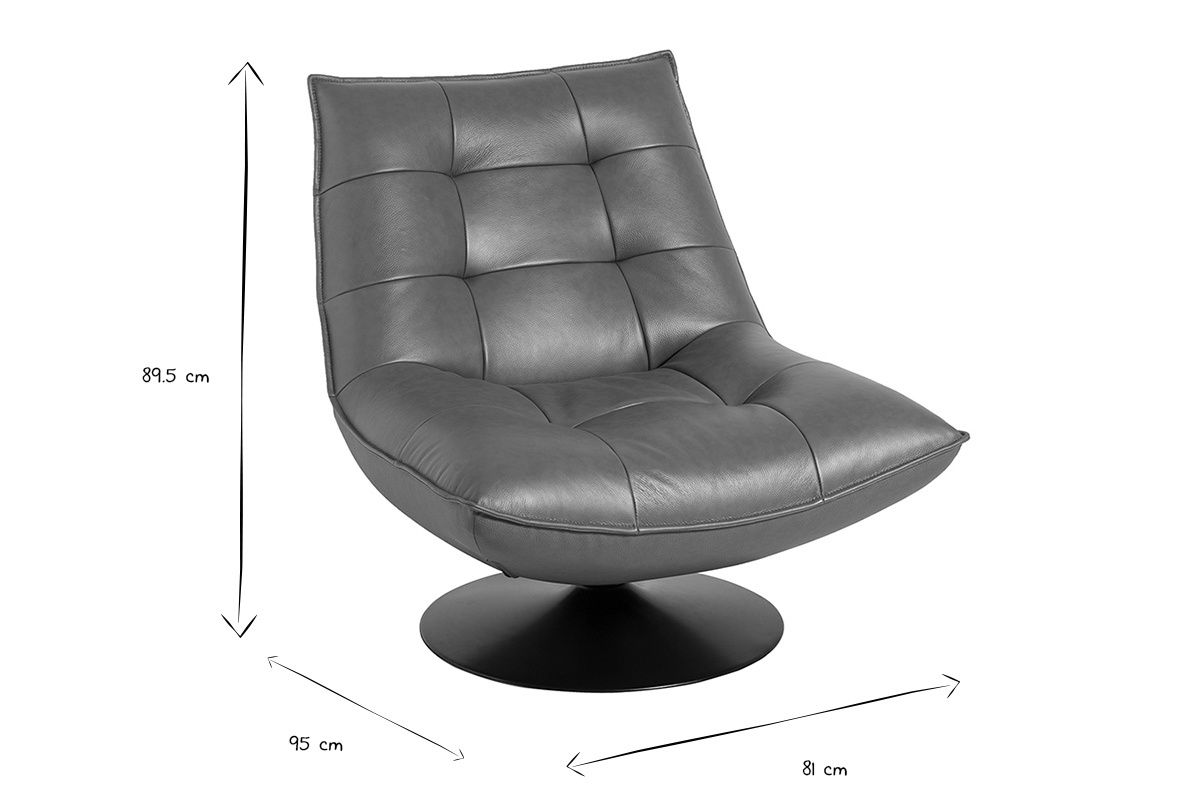 Fauteuil pivotant HUXLEY en cuir marron, dimensions : H89.5 x L81 x P95 cm, en noir et blanc.