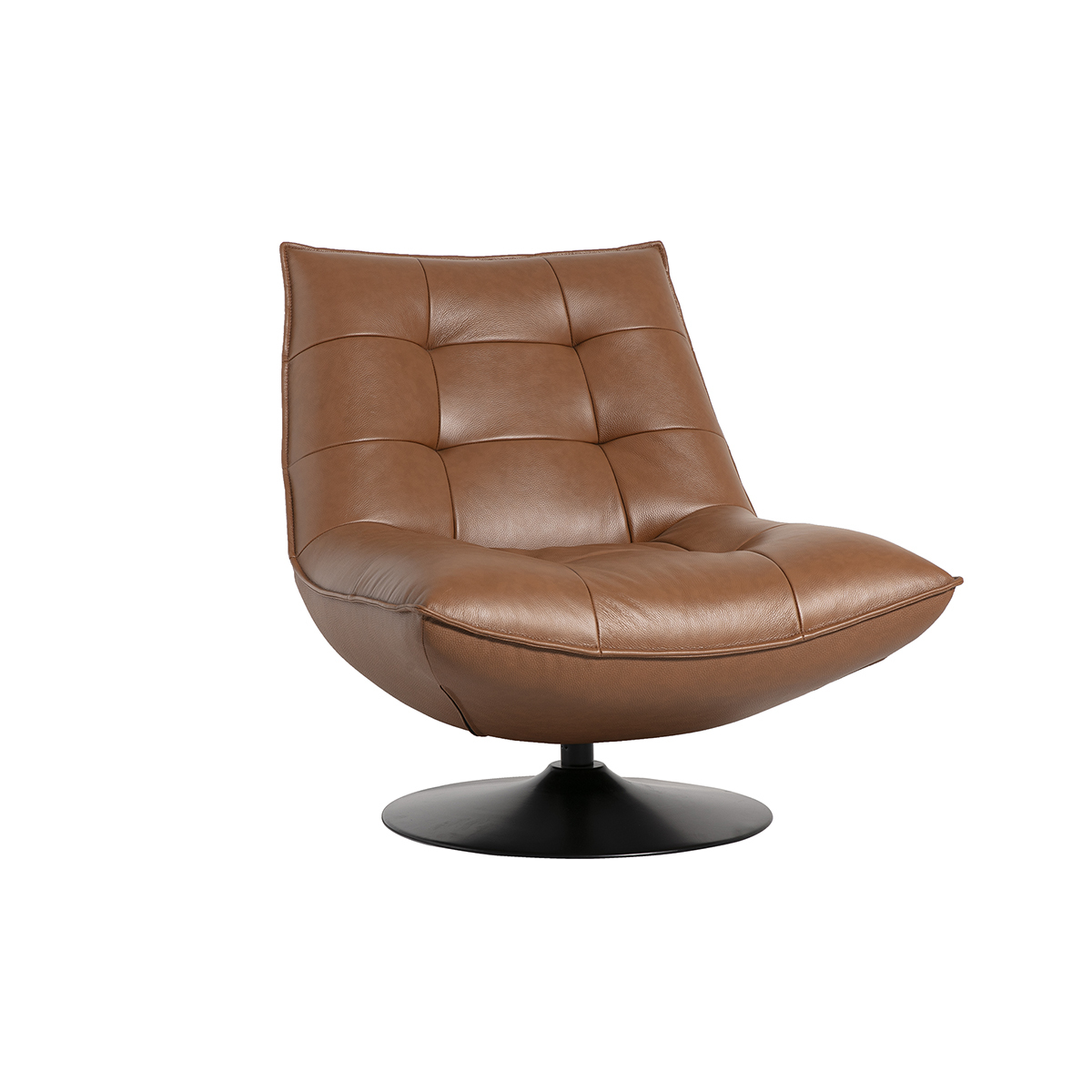 Fauteuil pivotant en cuir marron et métal noir HUXLEY