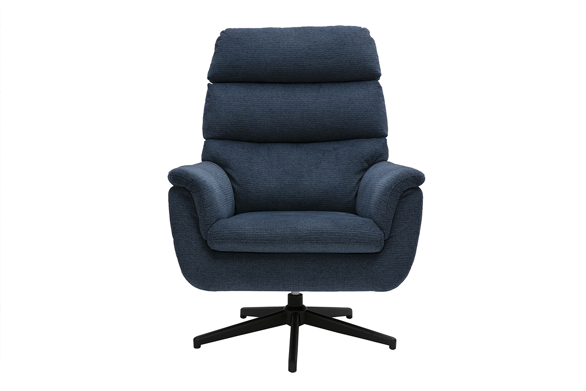 Fauteuil pivotant en tissu chenille bleu fonc avec base mtal noir pivotante.