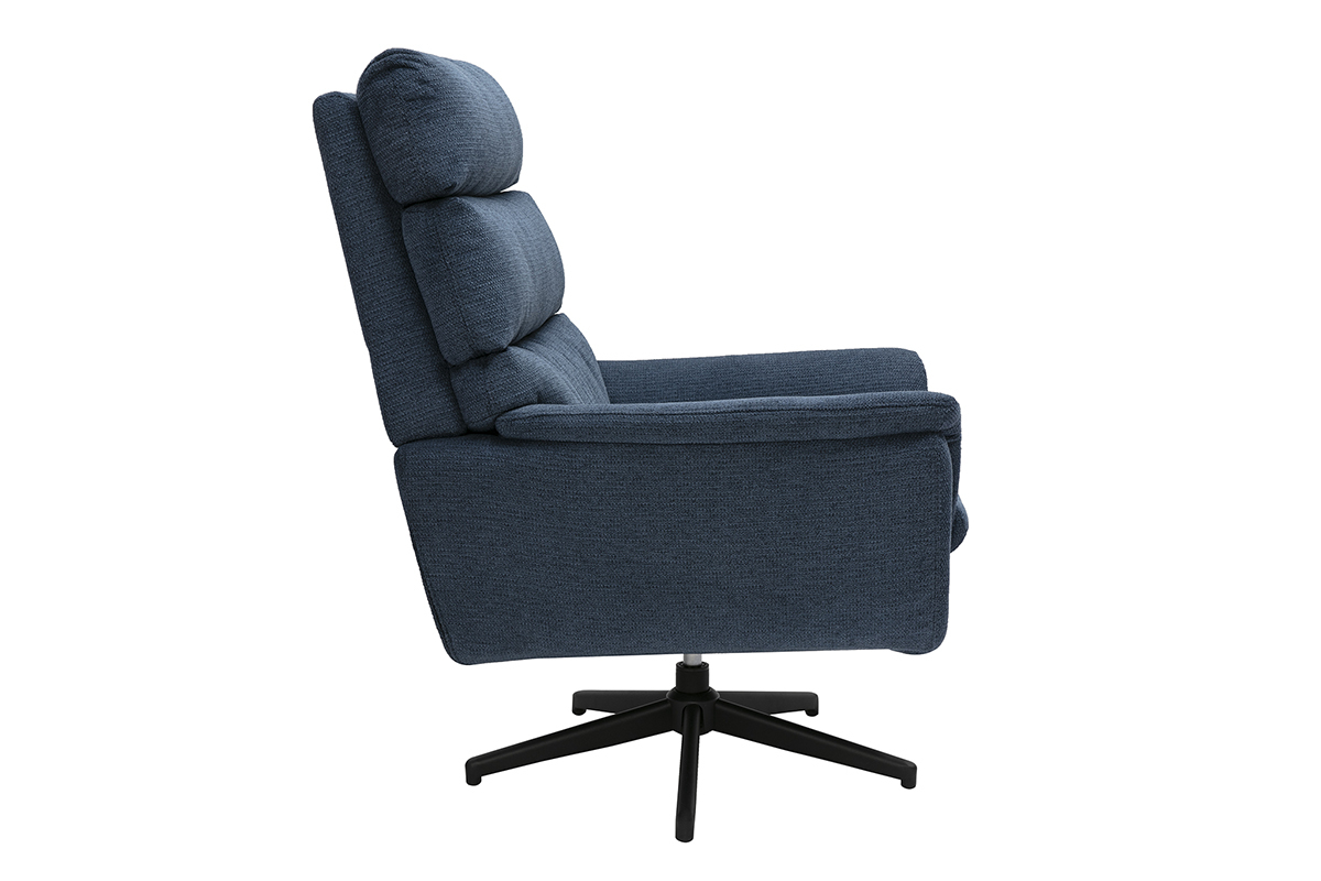Fauteuil pivotant bleu fonc en tissu chenille avec base en mtal noir, modle JONAH.