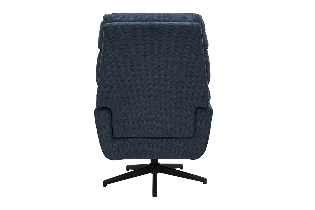 Fauteuil pivotant en tissu chenille bleu fonc, base en mtal noir, vue de dos.