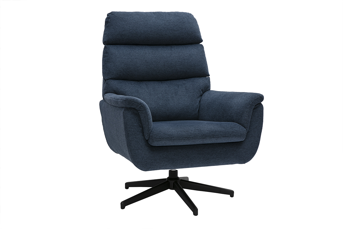 Fauteuil pivotant en tissu chenille bleu fonc et mtal noir JONAH