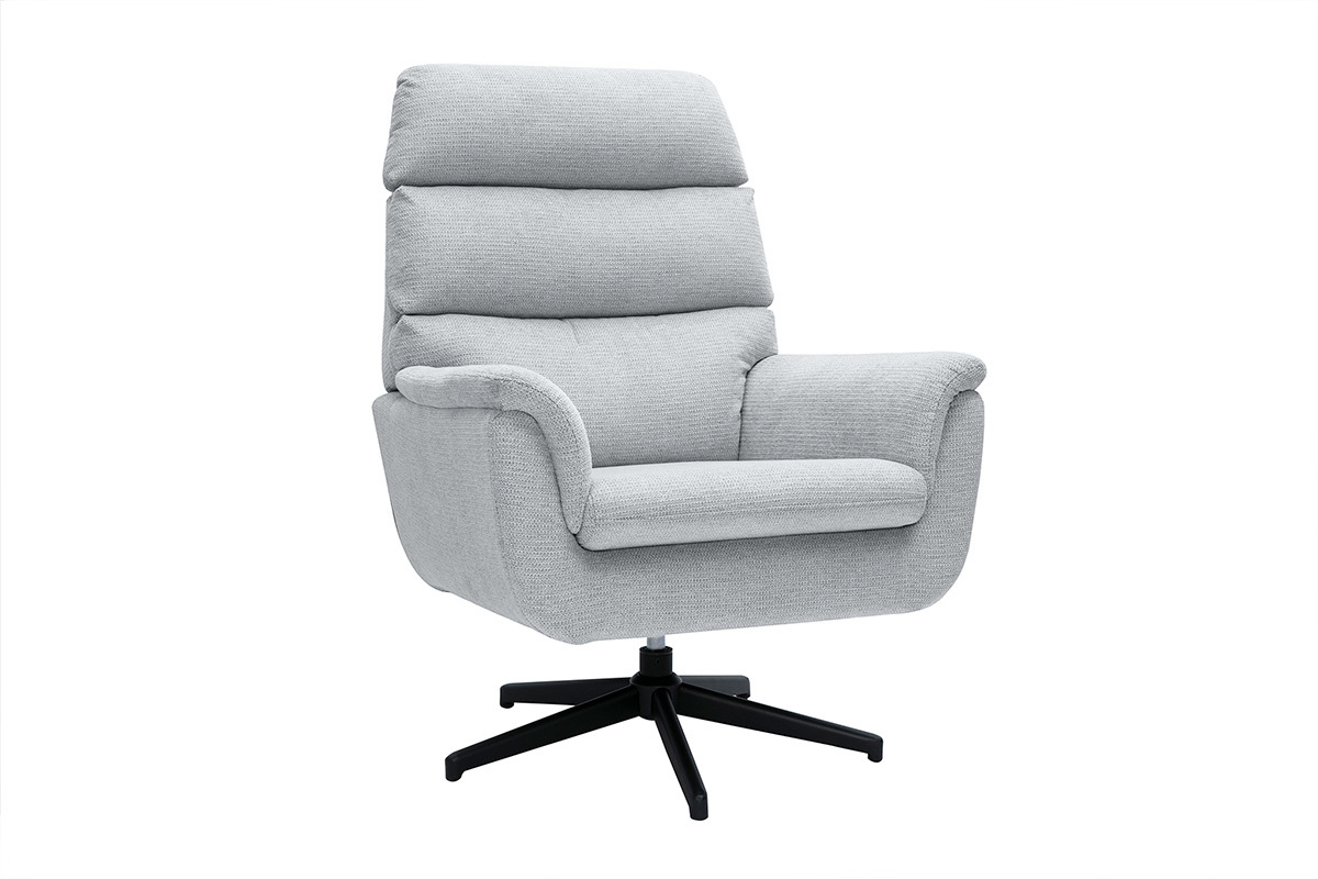 Fauteuil pivotant gris en tissu chenille avec base en mtal noir, modle JONAH
