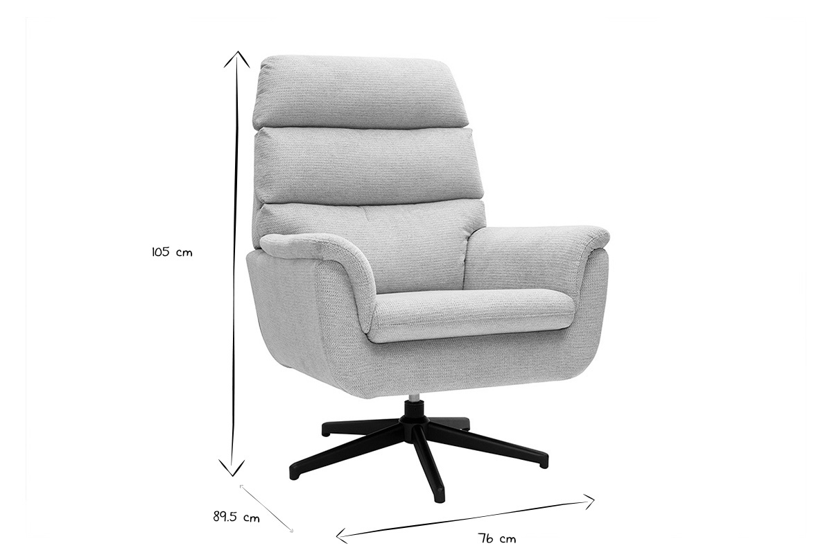 Fauteuil pivotant en tissu chenille gris avec base en mtal noir, dimensions visibles.
