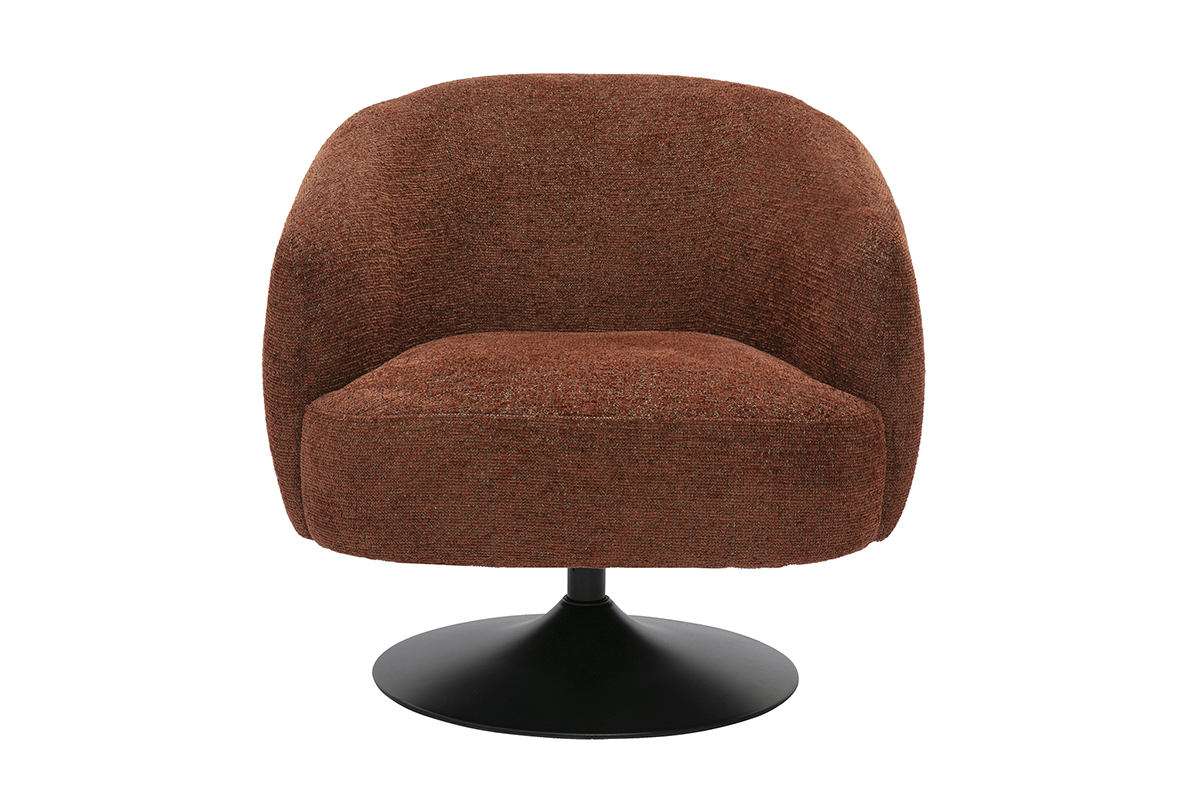 Fauteuil pivotant en tissu chenille terre br�l�e avec base m�tal noir, vue de face.