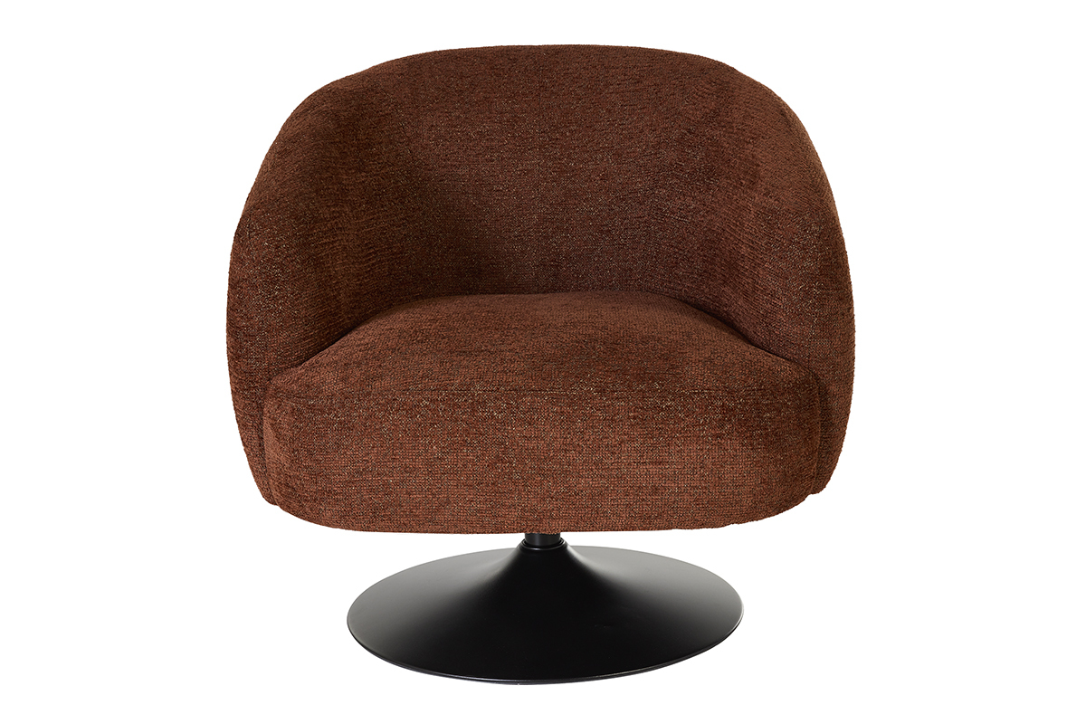 Fauteuil pivotant en tissu effet chenille bross� terre br�l�e, vue de face, sur base en m�tal noir.