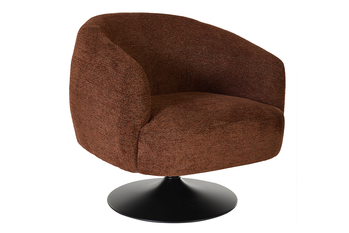 Fauteuil pivotant en tissu effet chenille bross� terre br�l�e avec base en m�tal noir, vue de face.