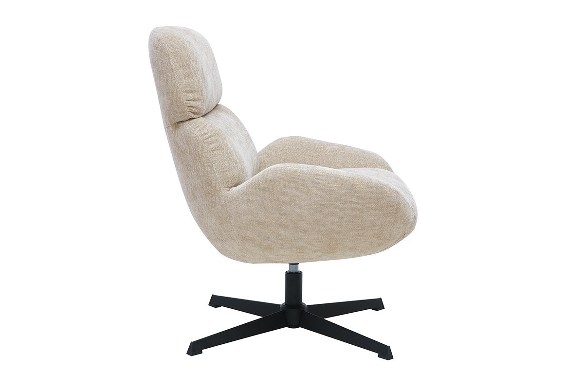Fauteuil pivotant KLEM taupe en tissu velours sur pi�tement noir, vue de profil.