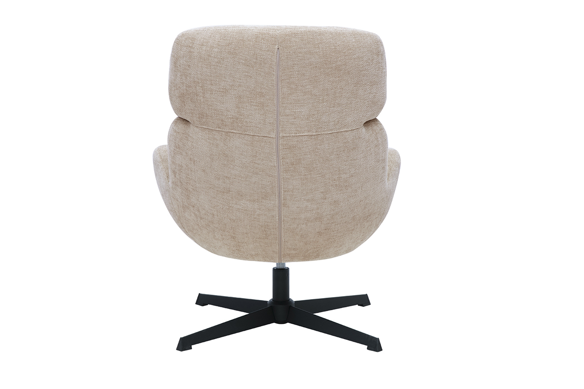 Fauteuil pivotant KLEM en tissu effet velours textur� taupe, vue de dos avec pi�tement m�tal noir.