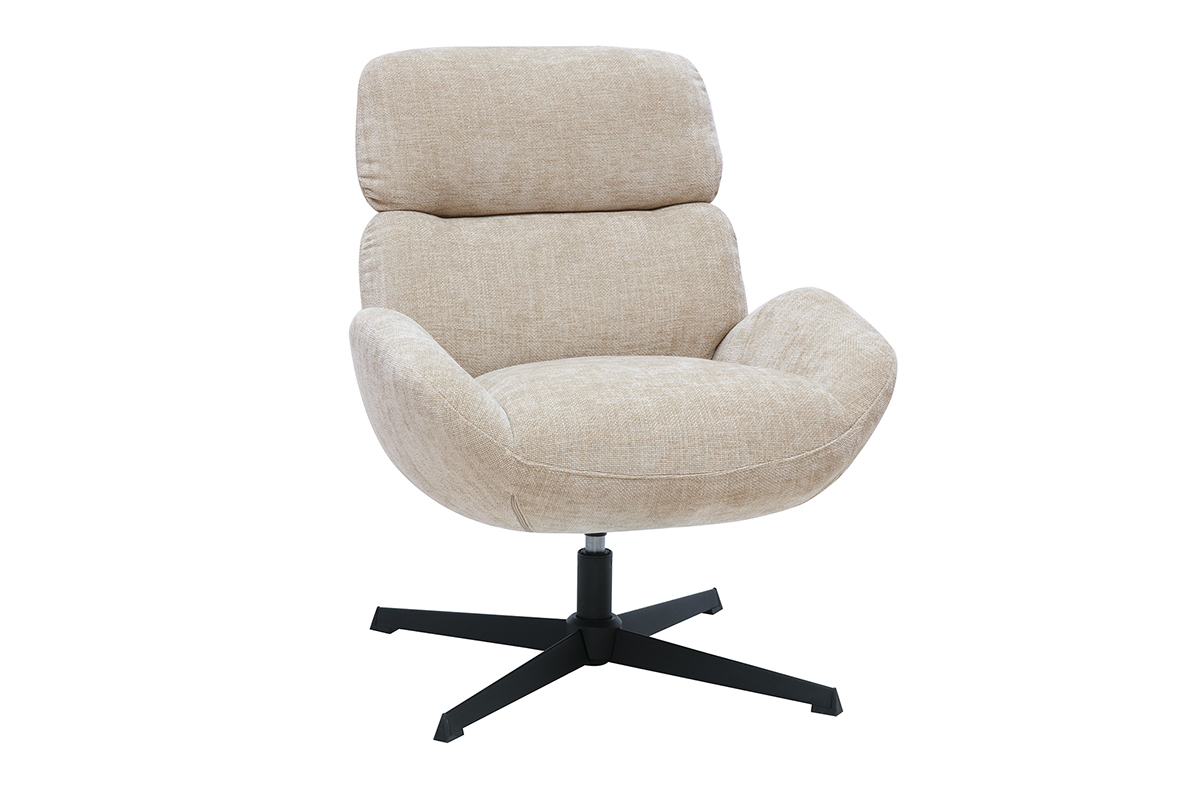 Fauteuil pivotant KLEM en tissu effet velours taupe sur pi�tement m�tal noir, vue de 3/4.