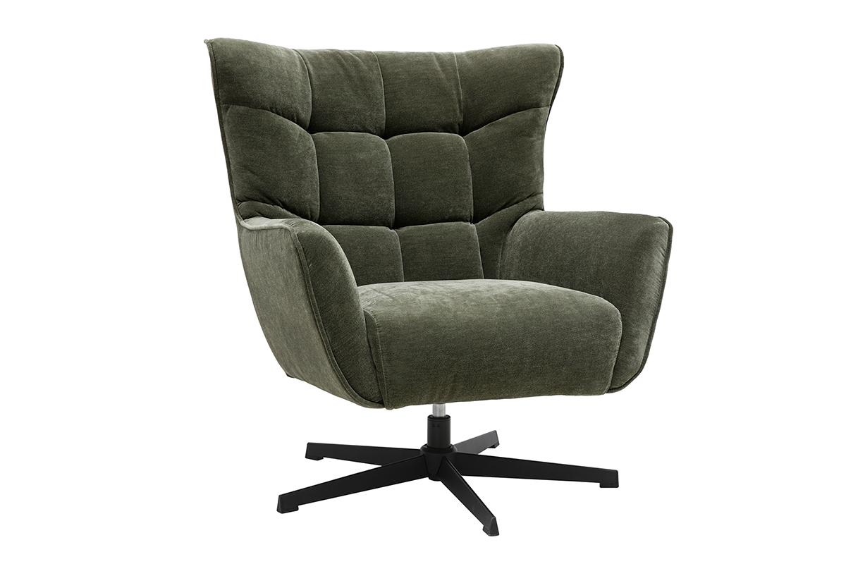 Fauteuil pivotant en tissu effet velours vert kaki avec pieds en m�tal noir, vue de trois quarts.