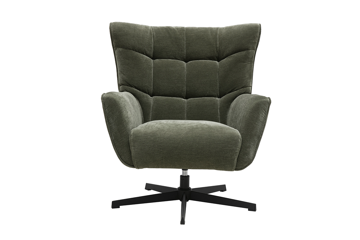 Fauteuil pivotant en tissu velours vert kaki avec structure en m�tal noir, vue de face