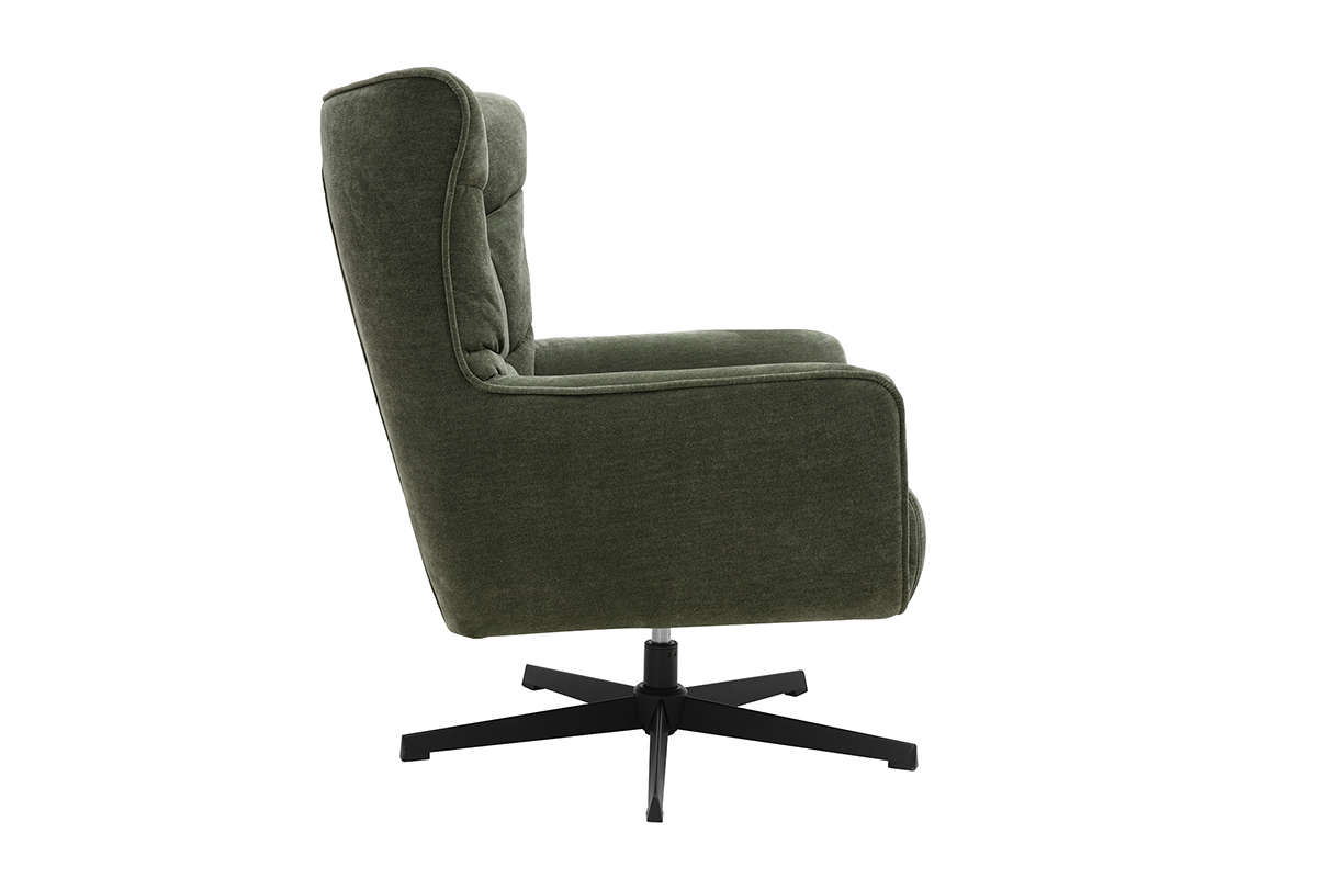 Fauteuil pivotant en tissu effet velours vert kaki, vue de profil, avec base en m�tal noir.