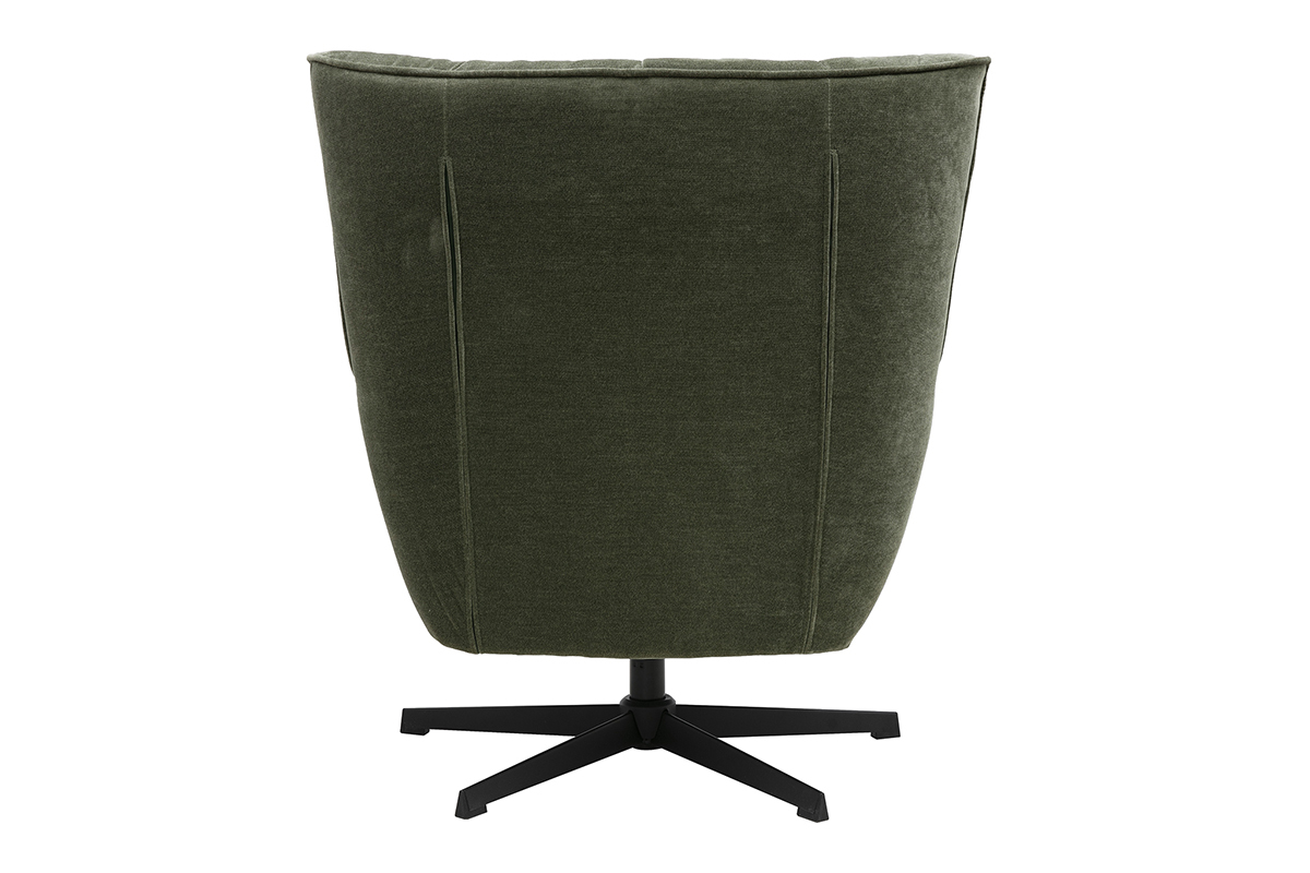 Vue arri�re du fauteuil pivotant en tissu effet velours vert kaki avec pieds en m�tal noir.