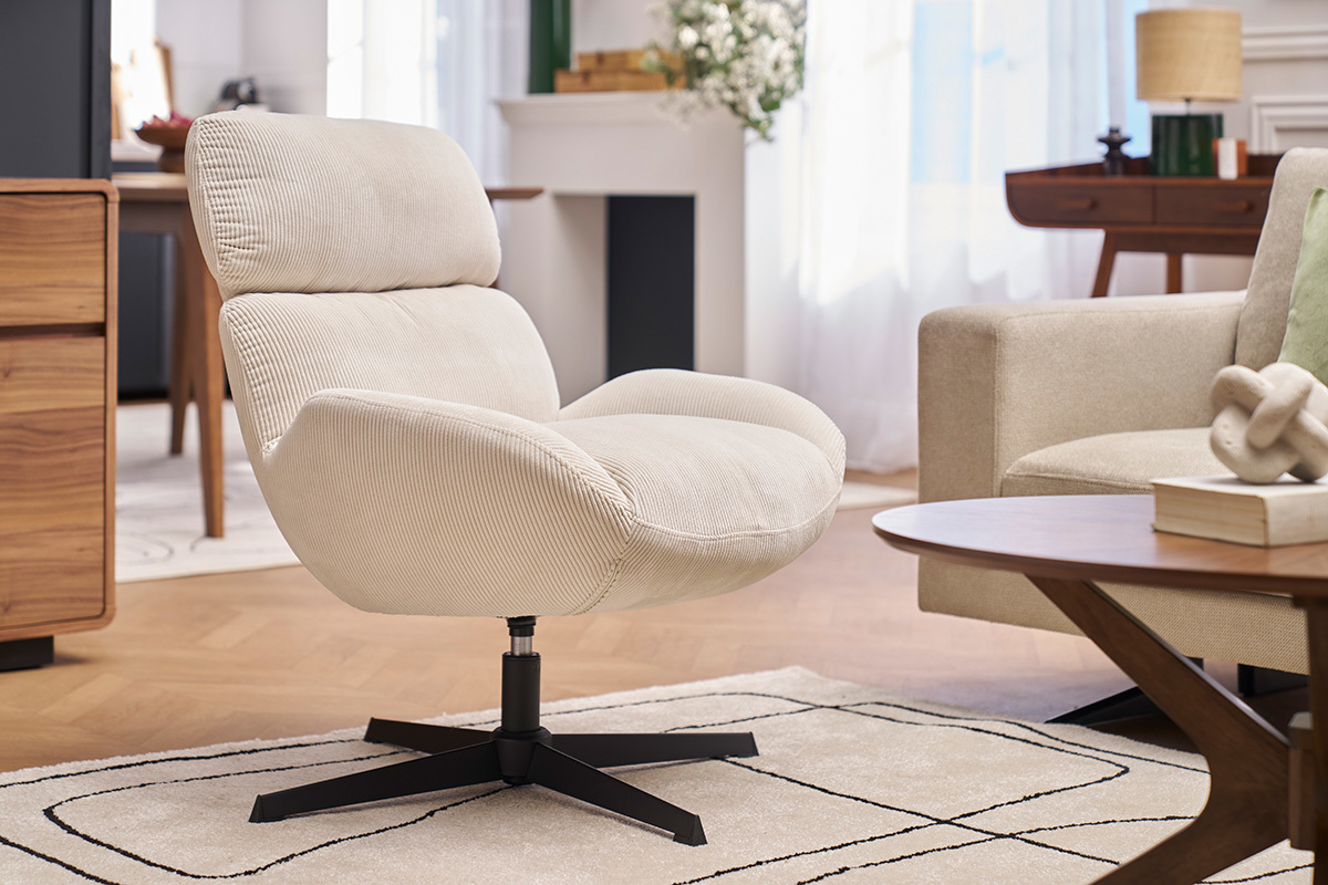 Fauteuil pivotant en tissu velours ctel cru et mtal noir KLEM