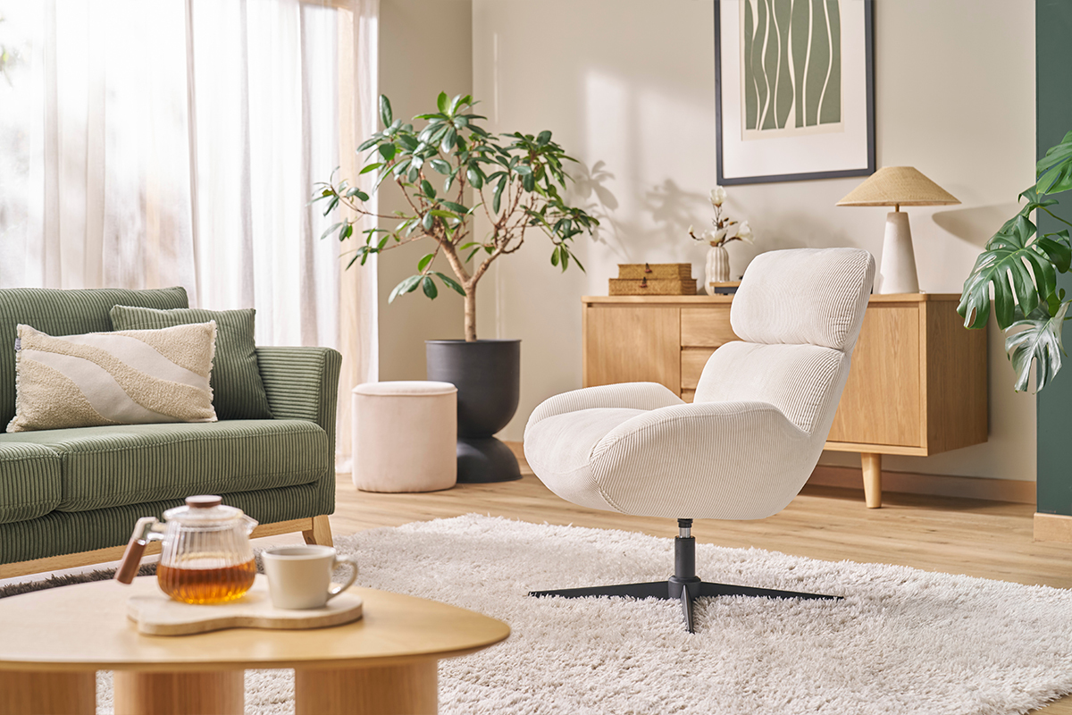 Fauteuil pivotant en tissu velours ctel cru et mtal noir KLEM