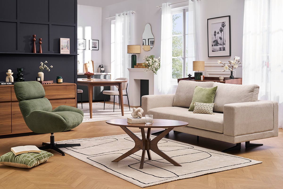 Fauteuil pivotant en tissu velours ctel vert kaki et mtal noir KLEM