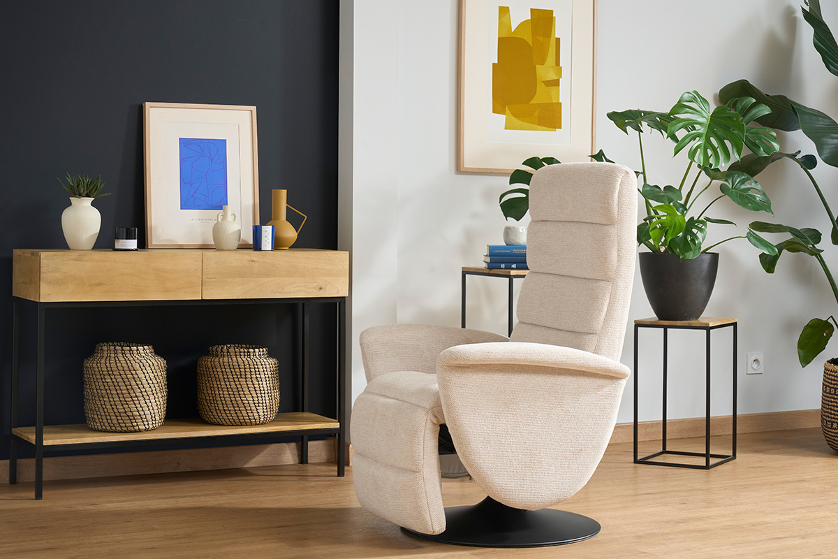 Fauteuil pivotant relax manuel en tissu chenille beige NELSON