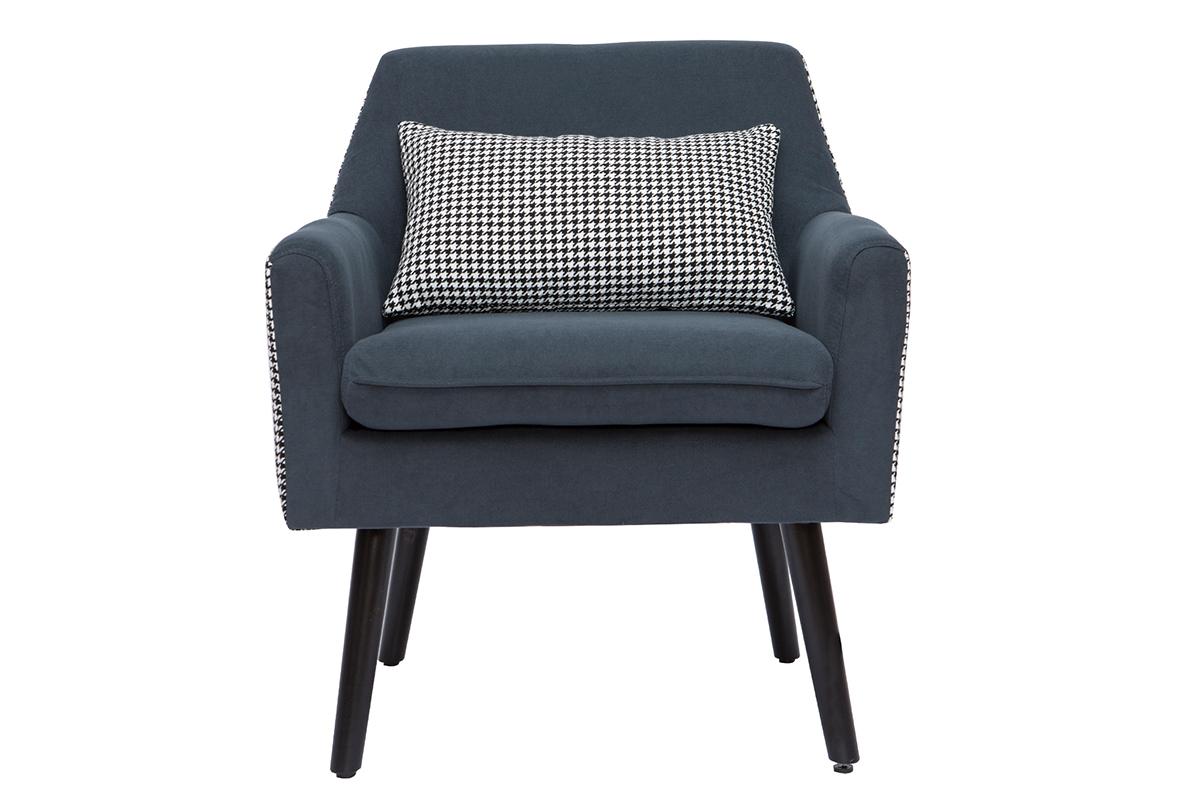 Fauteuil r�tro en velours bleu gris et tissu pied-de-poule DORIS