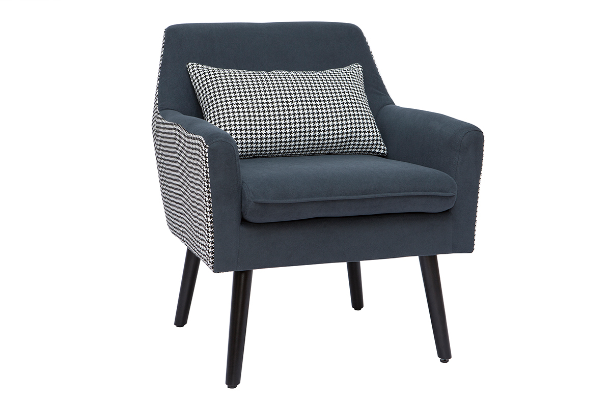 Fauteuil r�tro en velours bleu gris et tissu pied-de-poule DORIS