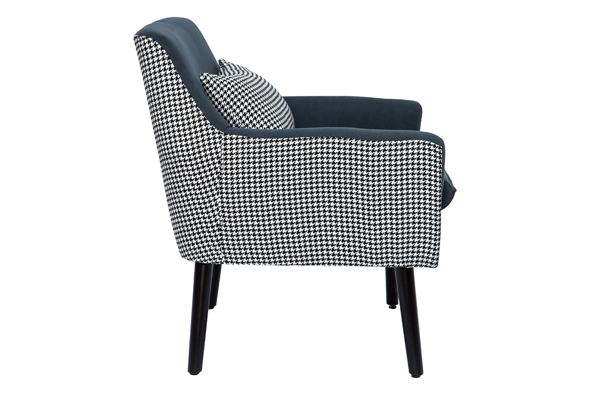 Fauteuil r�tro en velours bleu gris et tissu pied-de-poule DORIS