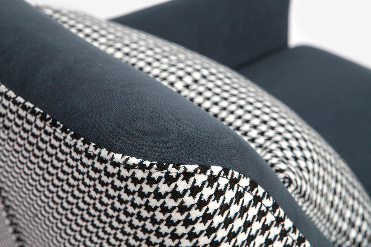 Fauteuil r�tro en velours bleu gris et tissu pied-de-poule DORIS