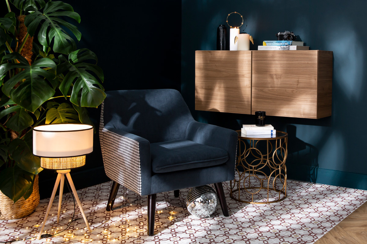 Fauteuil r�tro en velours bleu gris et tissu pied-de-poule DORIS